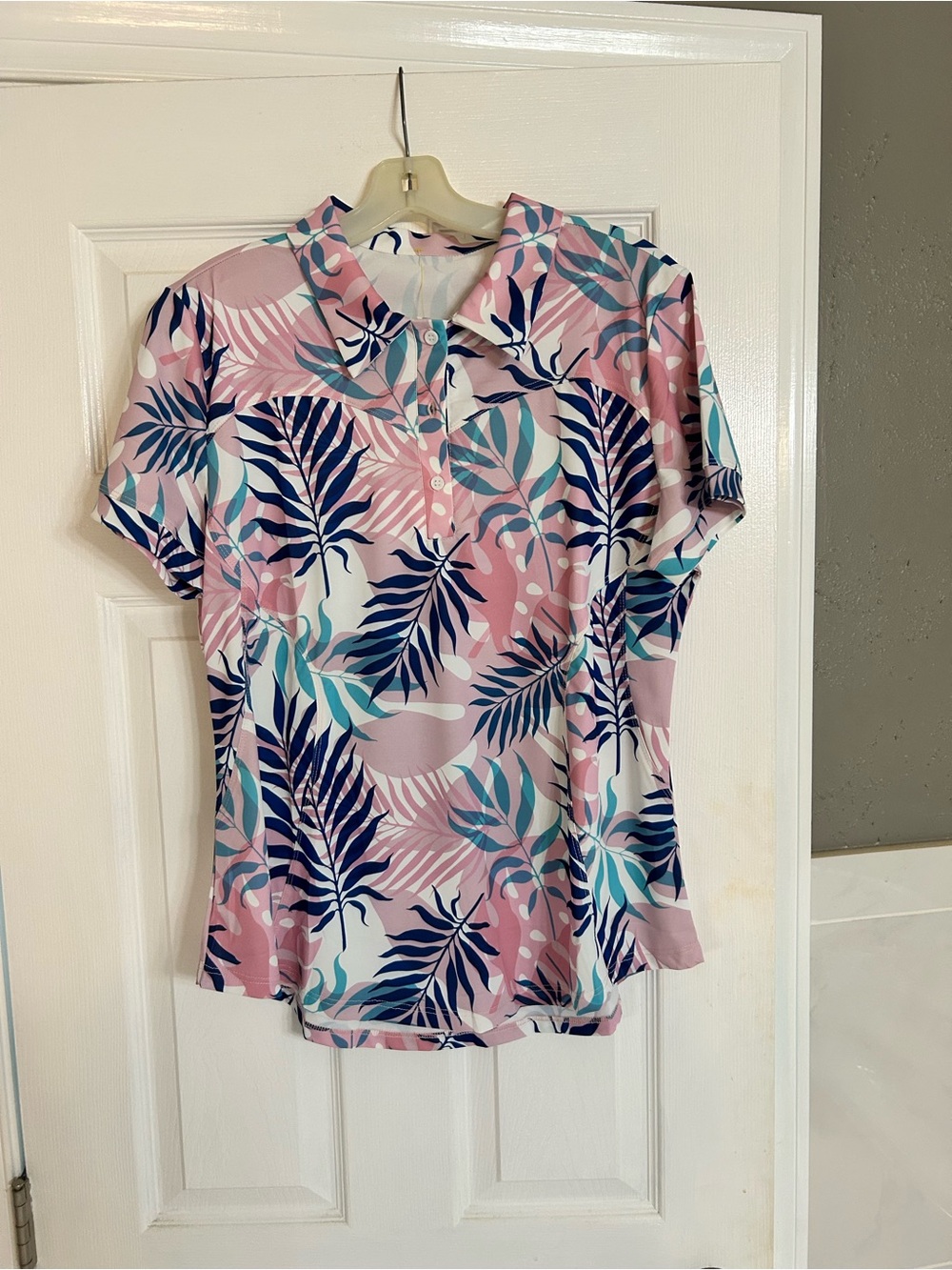 Women's Pink Tropical Print Button-Down Polo Shirt